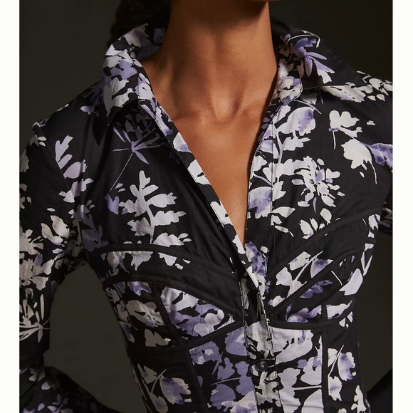 By Anthropologie Purple and Black Floral Corset Shirt Dress - Picture 4 of 10